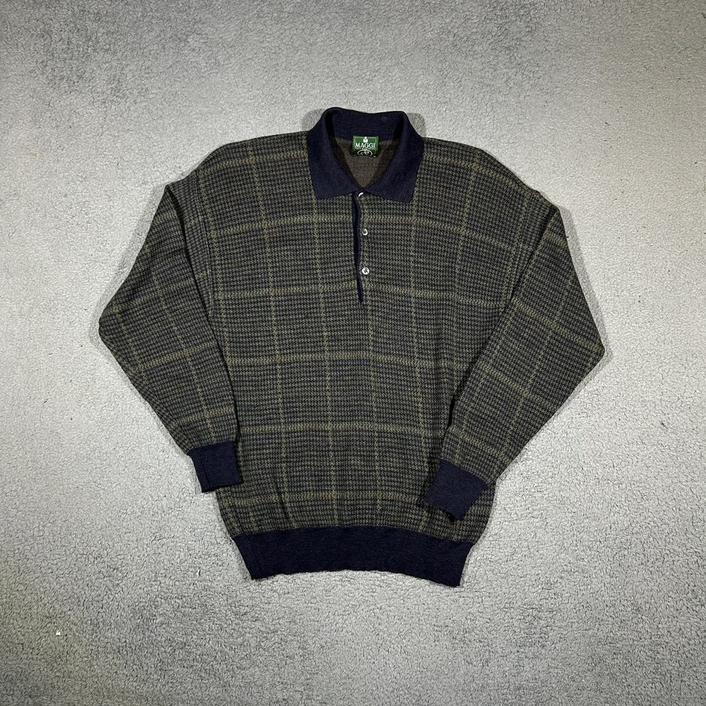 Maggi Italian Knit Polo Sweater Long-sleeve Plaid Men's Medium Wool #3528